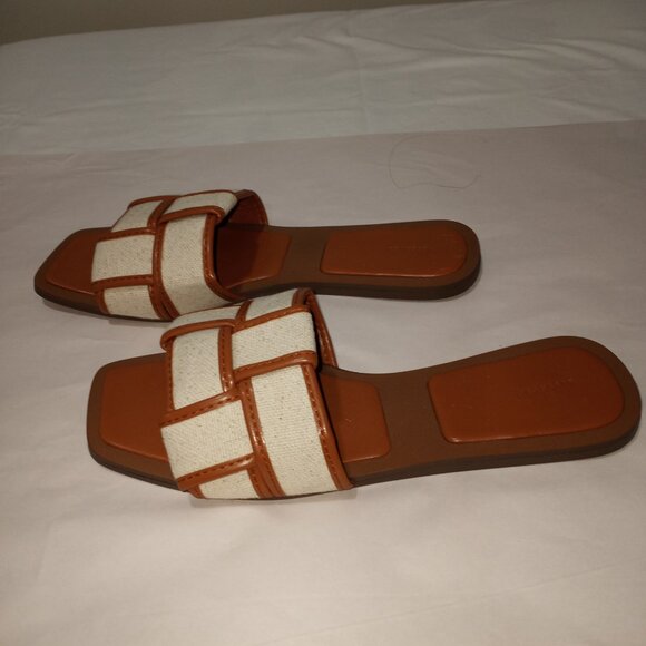 RESERVED SQUARE TOE SLIDERS WITH FABRIC STRAPS BEIGE BROWN WOMENS SIZE 41 - Picture 3 of 7